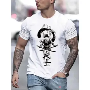Cotton Short Sleeve  T-Shirt Comfy Samurai Print Short Sleeve T-Shirts - Soft, Breathable, Elastic Crew Neck Tops for Mens Outdoor Activities, Casual Wear, and Everyday Comfort - Perfect for Hiking, Camping, and Sports