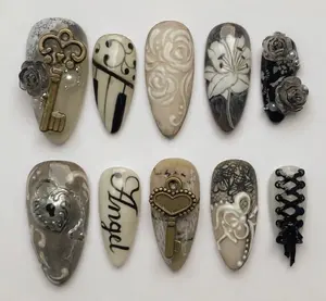 Chic Nail Studio Vintage Angel Press-On Nails, 3D Keys & Rose Accents, Ivory Beige Lace Base, Custom Press-On Nail, Victorian Gothic Style, Antique Romantic Vibe, Perfect for Unique Fashion Looks