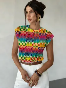 Geometric Gradient Print Round Neck Sweater, Casual Sleeveless Knitwear for Spring Summer Fall, Comfortable Warm Women's Clothing