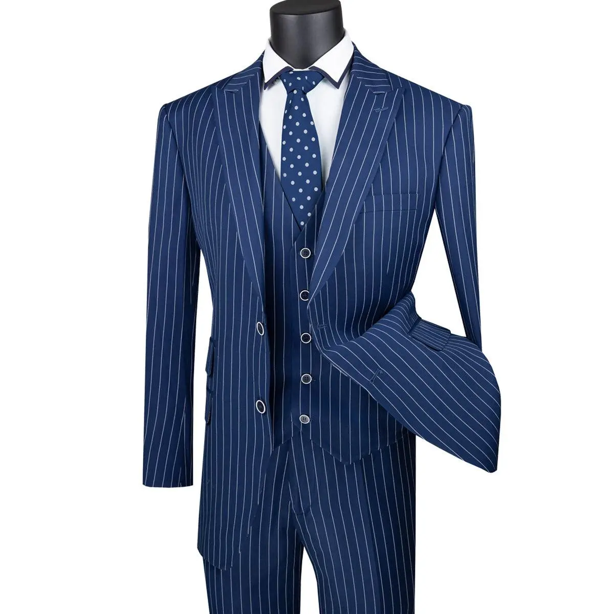 Mens Vested Bold Gangster Pinstripe Suit in Navy Blue