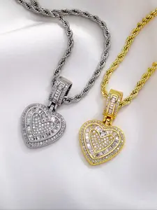 Full Rhinestone Heart Zircon Necklace, Copper Plated 14k Gold, 3mm Braided Chain, zircon pendant necklace, love heart necklace, heart pendant necklaces, Elegant Daily Wear, Perfect Gift for Couples