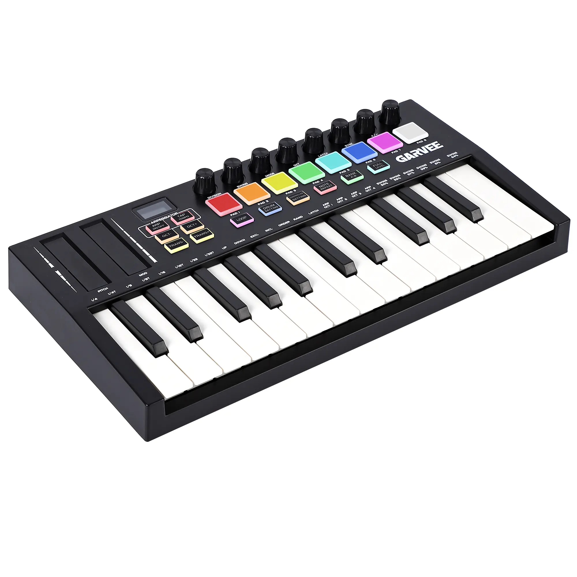Garvee 25-Key MIDI Electronic Piano Keyboard Controller - Compact USB Device with 8 Drum Pads, 8 Knobs, OLED Display, DAW Integration for Music Production