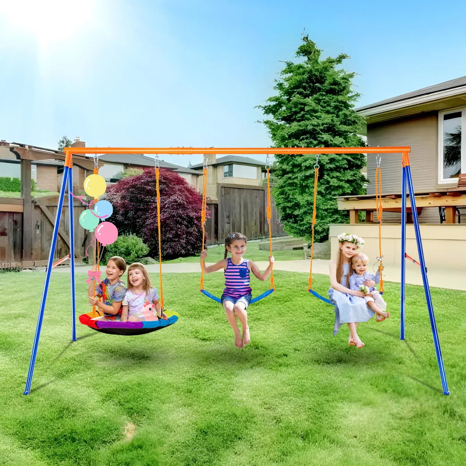 【SummerFinds】VEVOR Swing Sets for Backyard,  , 600lbs Load Capacity Swing Set, with 1 Saucer Swing Seat, 2 Belt Swing Seats, Heavy Duty A-Frame Metal Swing Stand and Adjustable Rope, Swingset Outdoor for Kids