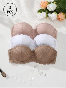 Women's Solid Color Lace Strapless Push Up Bra, Comfortable Breathable Half Cup Bandeau Bralette, Invisible Shoulder Straps Lingerie for Daily Wear