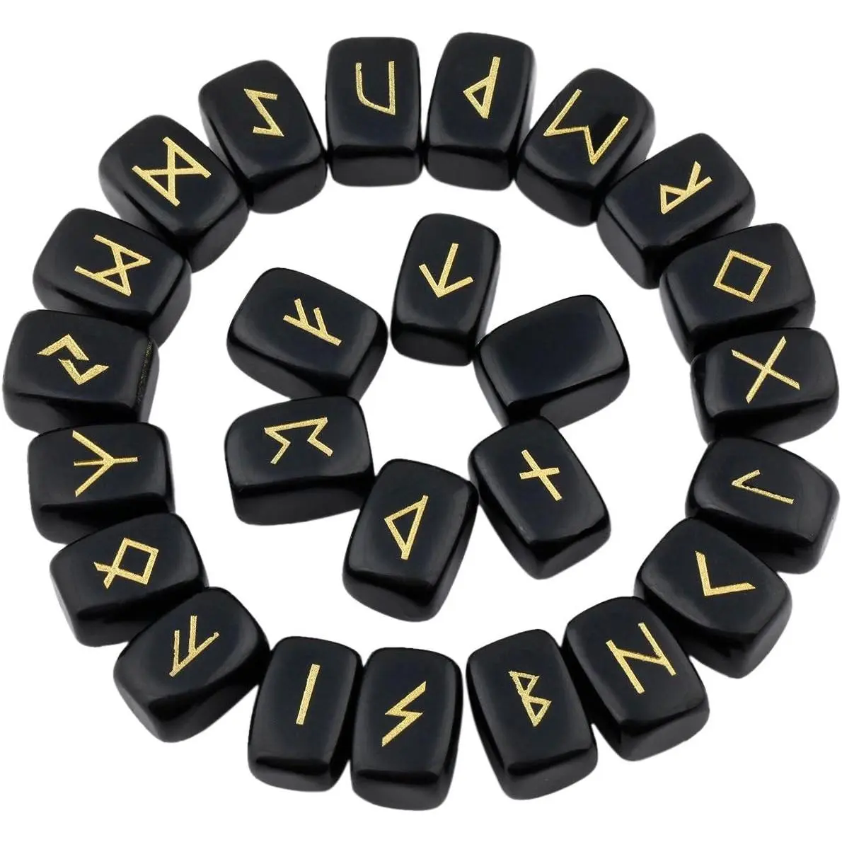 TOPFISH Hand Engraved Runes Black Obsidian Tumbled Stones Set - Therapeutic Chakra Healing Meditation Tool, Wiccan Decor, Natural Variance Divination Item