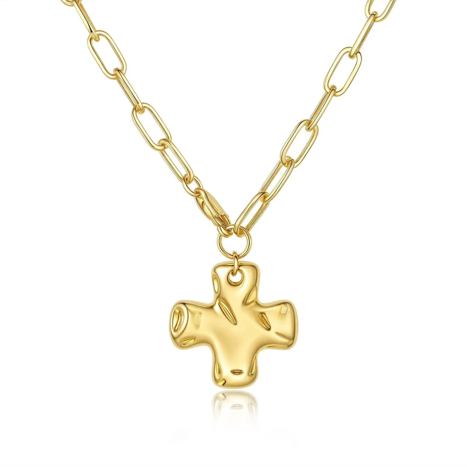 14k Chunky Gold Necklace for Women Sweatproof, Non Tarnish Chunky Cross Necklaces Thick Gold Layering Hammered Bold Necklace Stacks Toggle Necklaces for Women