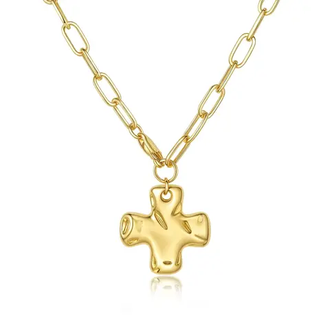 14k Chunky Gold Necklace for Women Sweatproof, Non Tarnish Chunky Cross Necklaces Thick Gold Layering Hammered Bold Necklace Stacks Toggle Necklaces for Women