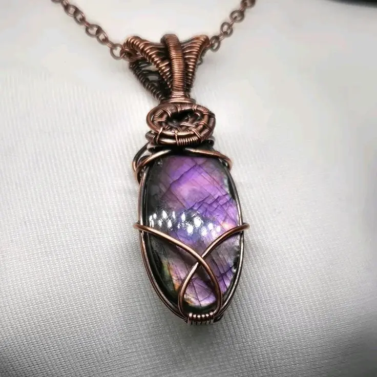 Labradorite Pendant Necklace with Copper Wire Wrap and Oval Shape Gemstone for Women's Jewelry Collection