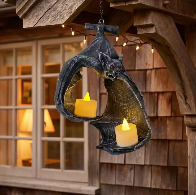 Gothic Inverted Bat Resin Hanging Wall Sconce - Vampire Hangable LED Tea Light Holder, Halloween Home Decor, Dark Fantasy Ornament with Antique Hook, Inverted Bat Lamp
