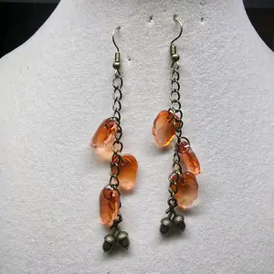 Orange Fall Leaf Cascade Earrings with Brass Acorn Accents - Unique Design Jewelry