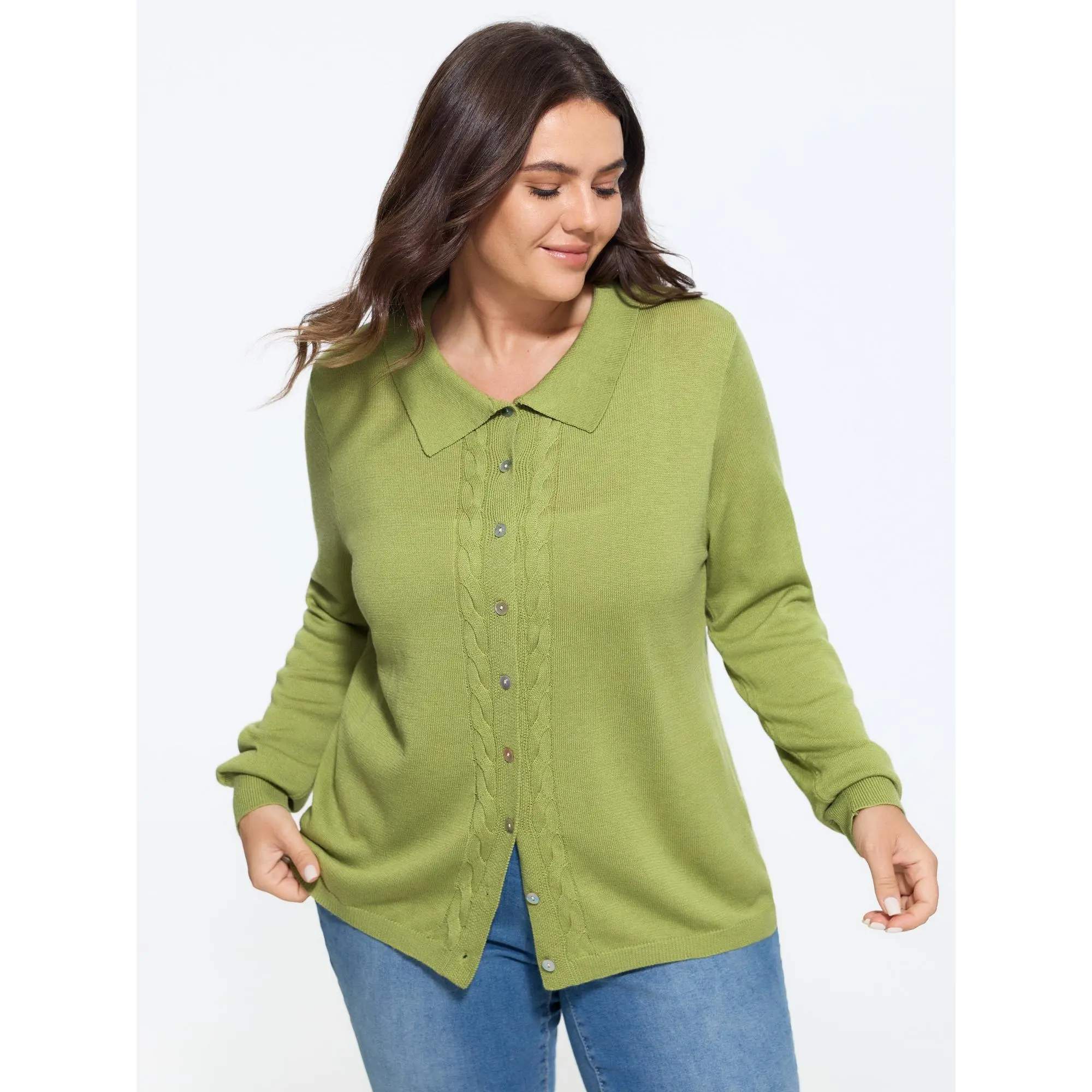 BLOOMCHIC Women's Plus Size Long Sleeve Supersoft Polo Collar Cable Knit Button-Down Cardigan [M-6X] - Comfortable Fabric Garment, Flattering Fit Knitwear 2026 Summer Finds