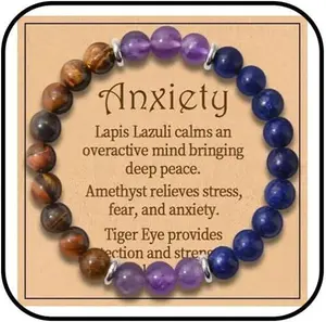 Beaded Bracelet for Men and Women with Natural Healing Crystals Yoga Beads Chakra, Triple Protection, Handmade Stretch, Tiger Eye, Lapis Lazuli, Amethyst Bracelet for Men Relieves Stress, Anxiety, Fear, Provides Peace of Mind and Strength