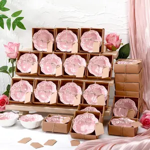 24 Pcs Ceramic Pinch Bowl 3.3 Inch Cielito Lindo Party Favors for Guests Small Mexicanos Ceramic Dipping Bowls Bulk Gifts with Cards for Party Shower Favor (Floar,Pink)