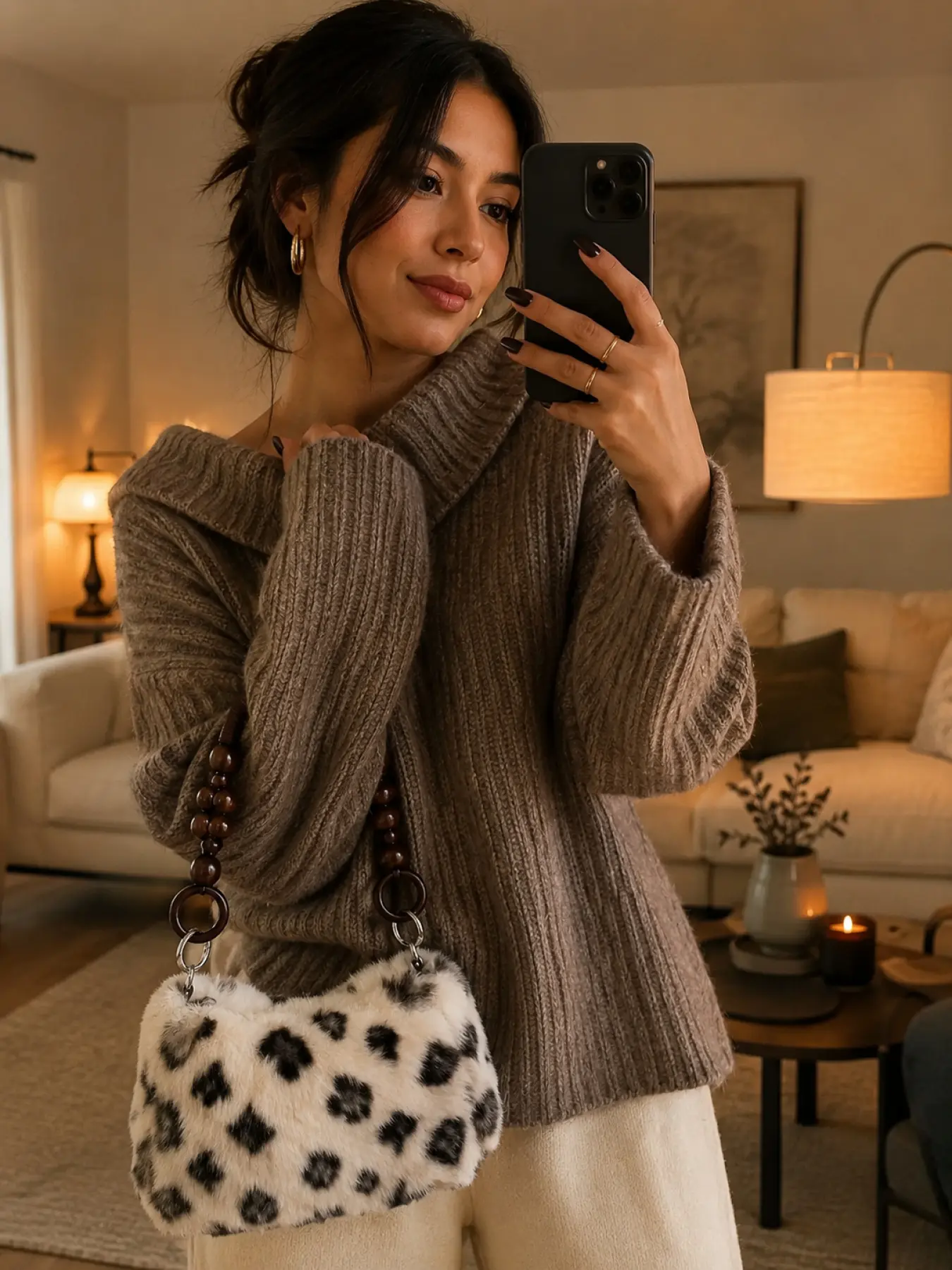 Fashion Fluffy Animal Print Handbag for Women, Retro Plush Shoulder Purse with Elegant Wooden Bead Strap, Cozy Winter Faux Fur Bag for Streetwear, Travel and Holiday Use, Trendy Cute Gift Idea for Girlfriend Wife Mom Halloween Christmas