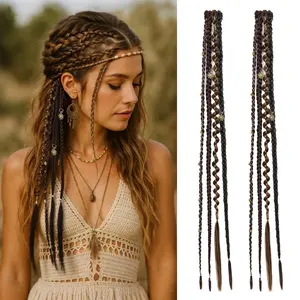 AISI HAIR Clip in Braid Hair Extensions for Women, 16/20" Boho Dreadlock Clip in Braids with Beads & Charms, 2PCS Synthetic Braided Hairpieces for Cosplay Daily