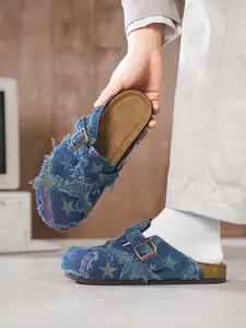 Perfect Gift Unisex Star Patchwork Sandals, Slippers Sandals, Casual Denim Fabric, Comfortable Wide Fit, All-Season Wear, Durable Daily Design, Footwear