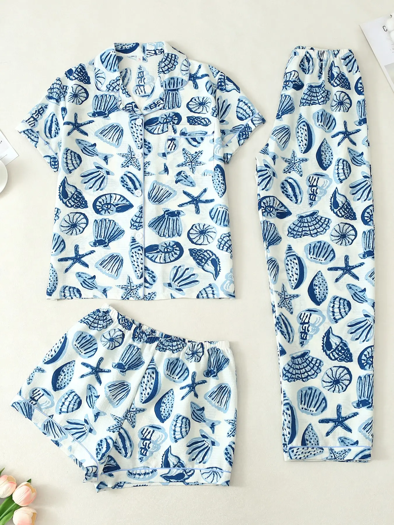 Women's Printed Sleepwear Set, Short Sleeve Cardigan Top + Shorts + Long Pants, Blue Ocean Life Underwater Print, Casual Fitted All Seasons, Pajama Set, Loungewear, Loungewear Pjs