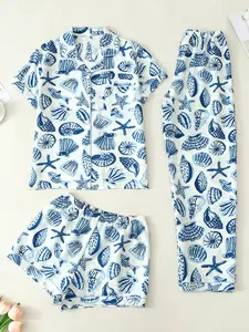 Women's 3-Piece Sleepwear Set, Pajama Set, Pyjamas, Loungewear, Homewear, Pjs, Spring Summer Fall, Lapel Short Sleeve Cardigan Top + Shorts + Pants, Shell Starfish Print, Casual