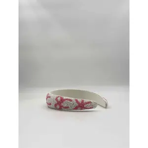 Pink Bow Beaded Headband – White & Blush Design