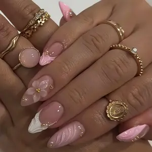 3D Pink Press on Nails Almond - Medium French Tip Fake Nails with Embossed Flower Gold Bead Designs Glossy Finish Reusable False Nails with Glue Tabs 24Pcs Nail Kit Glue on Nails for Women Manicure