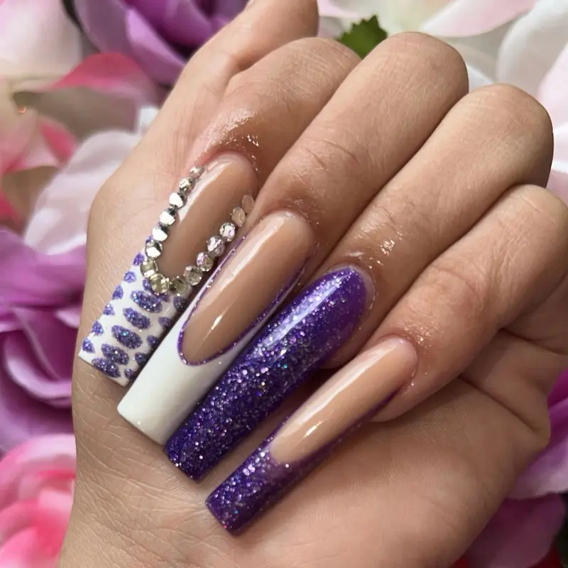 12 PCS XL Purple French Tip Acrylic Nail Press Ons With Fancy Pattern And Care Kit Featuring Glitter Accents!