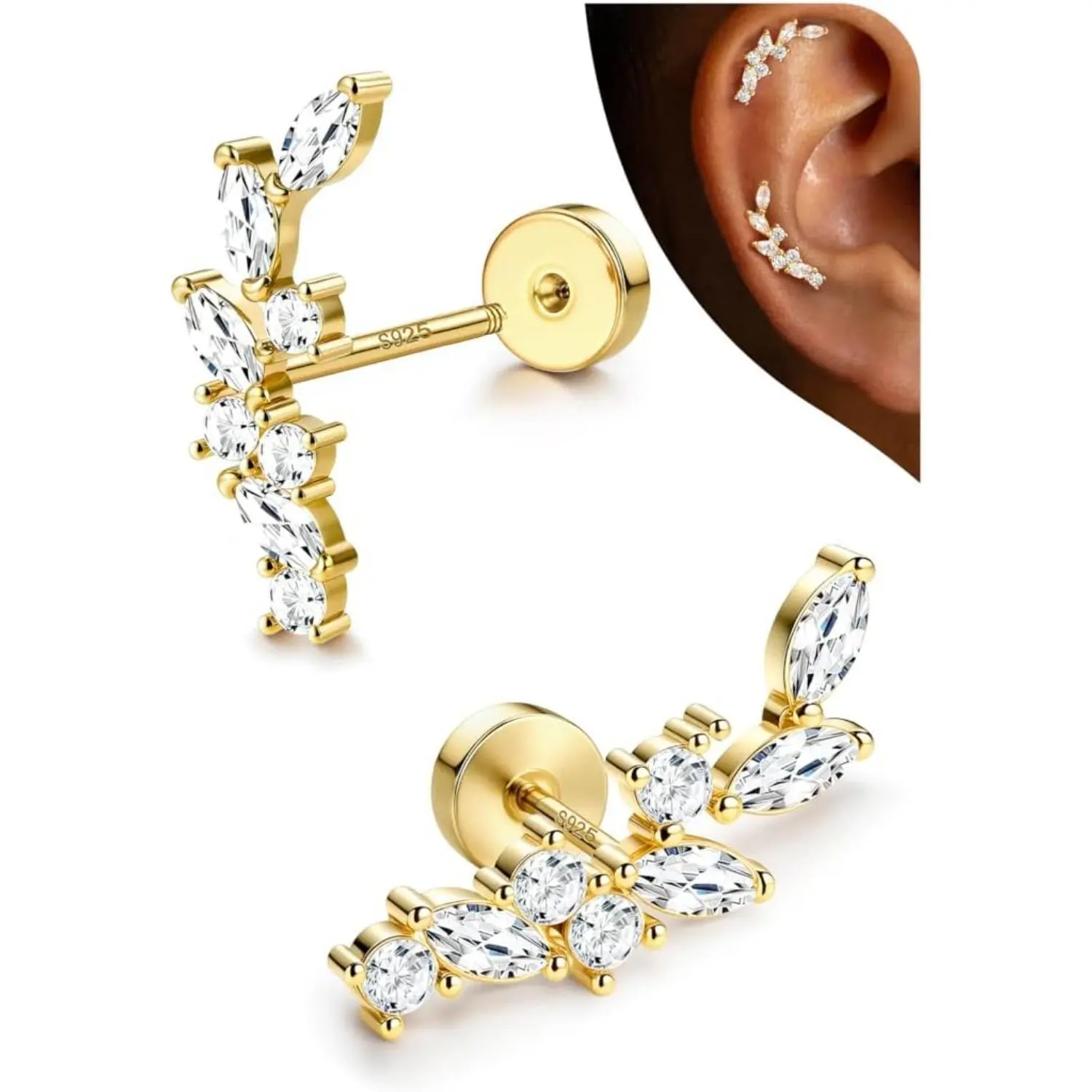 CASSIECA 1Pairs Cartilage Earrings for Women Flat Back 925 Sterling Silver Post Stud Flatback Earrings for Sensitive Ears-20G Ear Crawler Climber Cartilage Earring Tragus Conch Helix Piercing Jewelry, Ear Studs, Earring Stack Summervibes