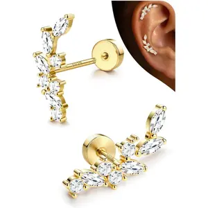 CASSIECA 1Pairs Cartilage Earrings for Women Flat Back 925 Sterling Silver Post Stud Flatback Earrings for Sensitive Ears-20G Ear Crawler Climber Cartilage Earring Tragus Conch Helix Piercing Jewelry, Ear Studs, Earring Stack Summervibes