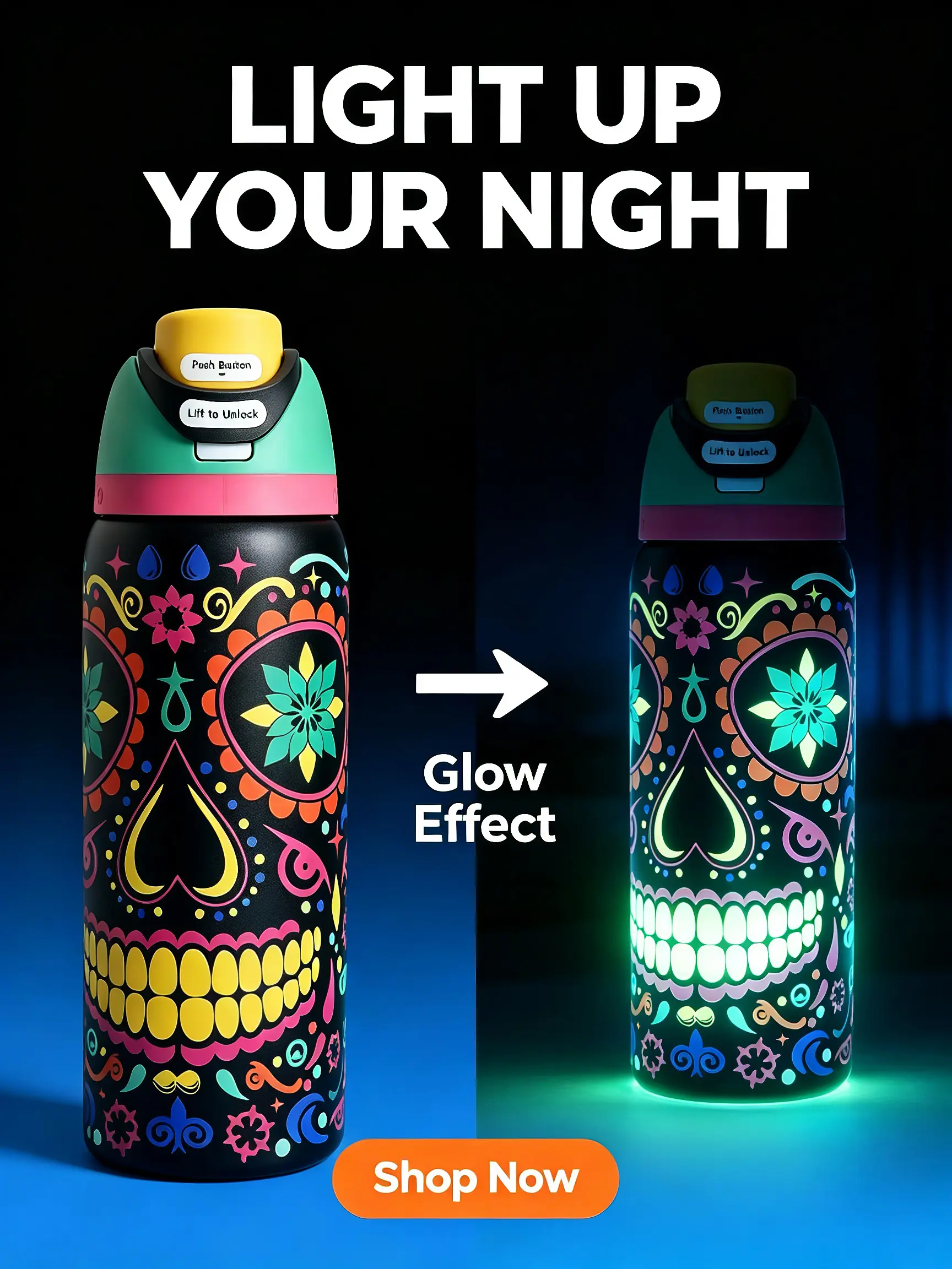 Owala 32oz Vacuum Insulated Glow Water Bottle - Mexican Sugar Skull Design, Push Button, Anti-Scalding, Explosion-Proof, Heat Resistant, Leak-Proof, Lightweight, Portable, Dia De Los Muertos Essential