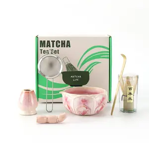 Six-Piece Kiln-Changed Ceramic Tea Set, Matcha Kit Set, Tea Making Tools, Matcha Bowl, Stirrer, Bamboo Spoon, Lotus Root Tray, Brush Holder, Japanese Matcha Gift Box