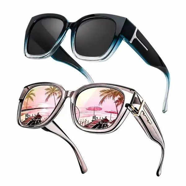 Women's Oversized Square Frame Fit-Over Prescription PC Sunglasses - Full-Rim, Plastic, Mirrored Polarized Lenses, UV400 Protection, Glare Block, Futuristic Casual Outdoor/Driving Wear, 1/2Pcs Gift Option, Female Trendy Vintage Ombre Eyewear