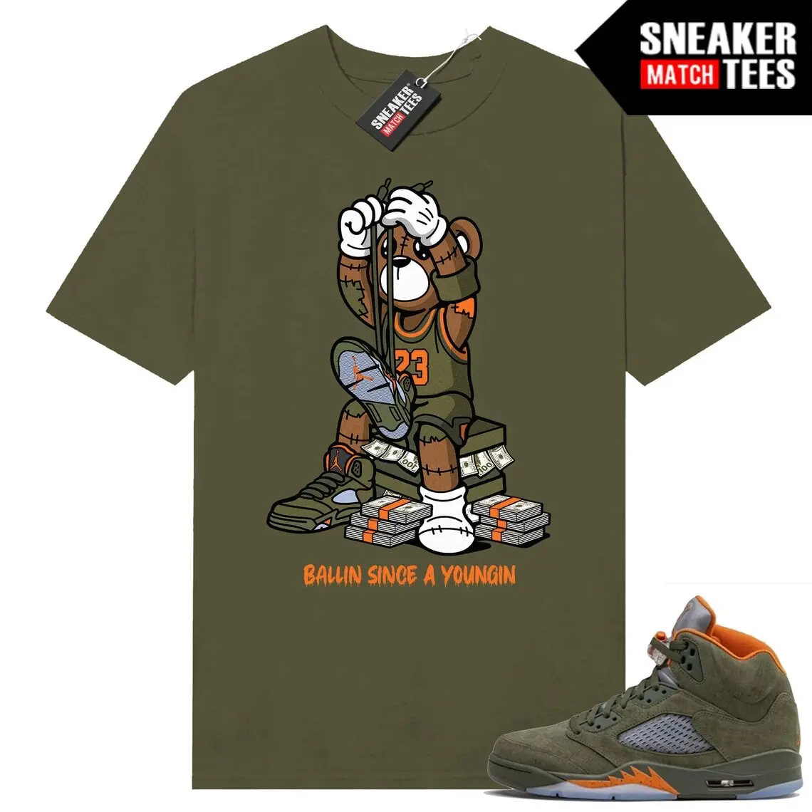 Jordan 5 Olive Green match Sneaker Match Tees Olive "Ballin Since A Youngin"