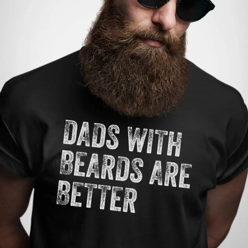 Men's Classic Seamless Cotton Ribbed Round Neck Graphic T-Shirt - Dad with Beard Design, Father's Day Gift from Daughter/Son/Wife, Menswear, Knit, Fabric, Casual, Dad Print Graphic Men's Short-Sleeve T-Shirts, Tops, Stylish