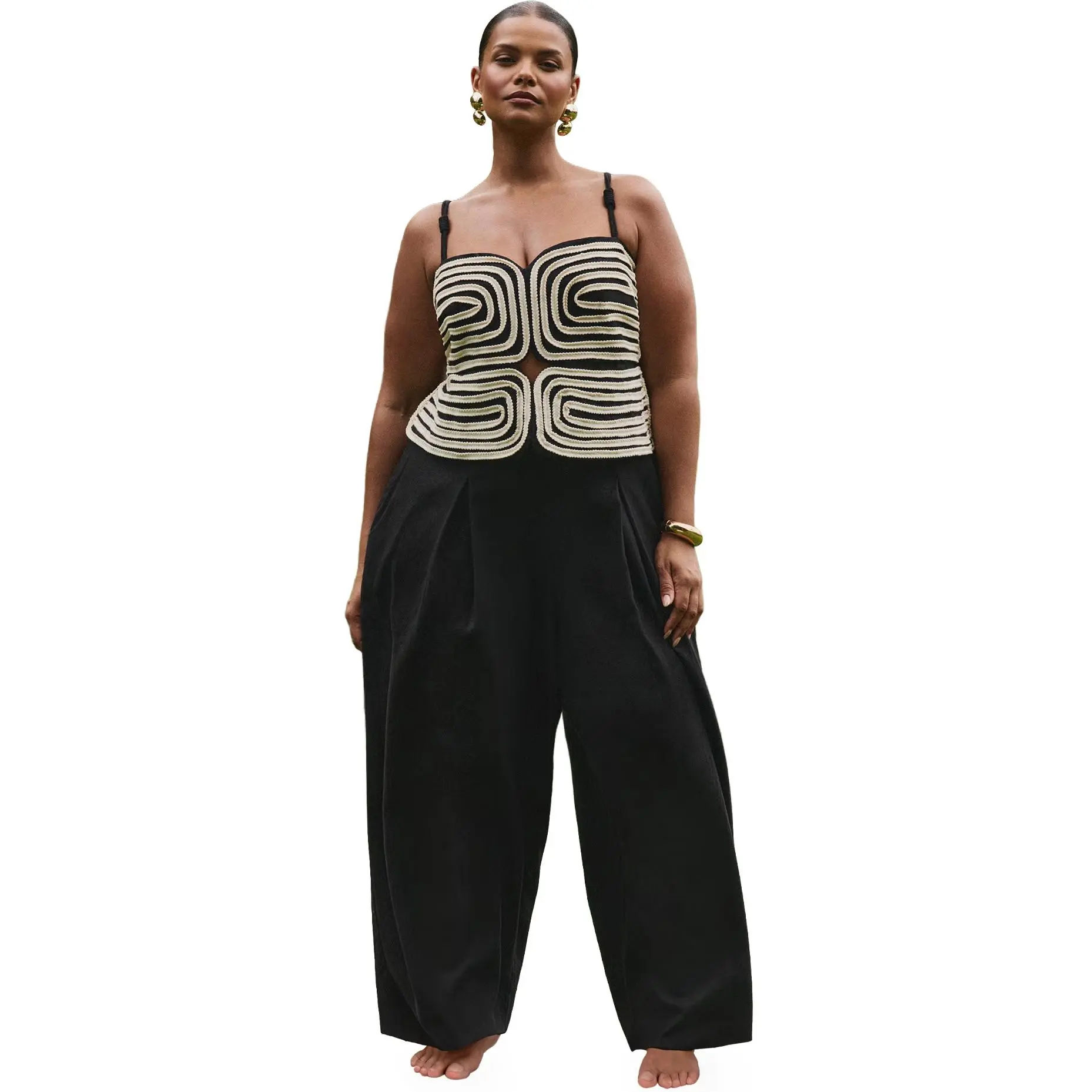 ELOQUII Women's Plus Size Embroidered Pleated Jumpsuit
