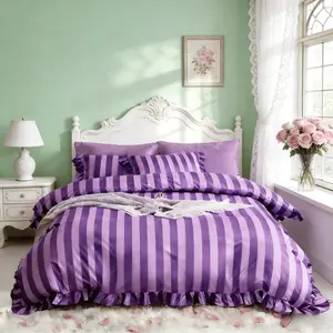3-Piece Striped Ruffle Print Bedding Set, Soft Comfortable, Includes 1 Fitted Sheet and 2 Pillowcases, Ideal for Bedroom and Guest Room, Soft Bedding Sets