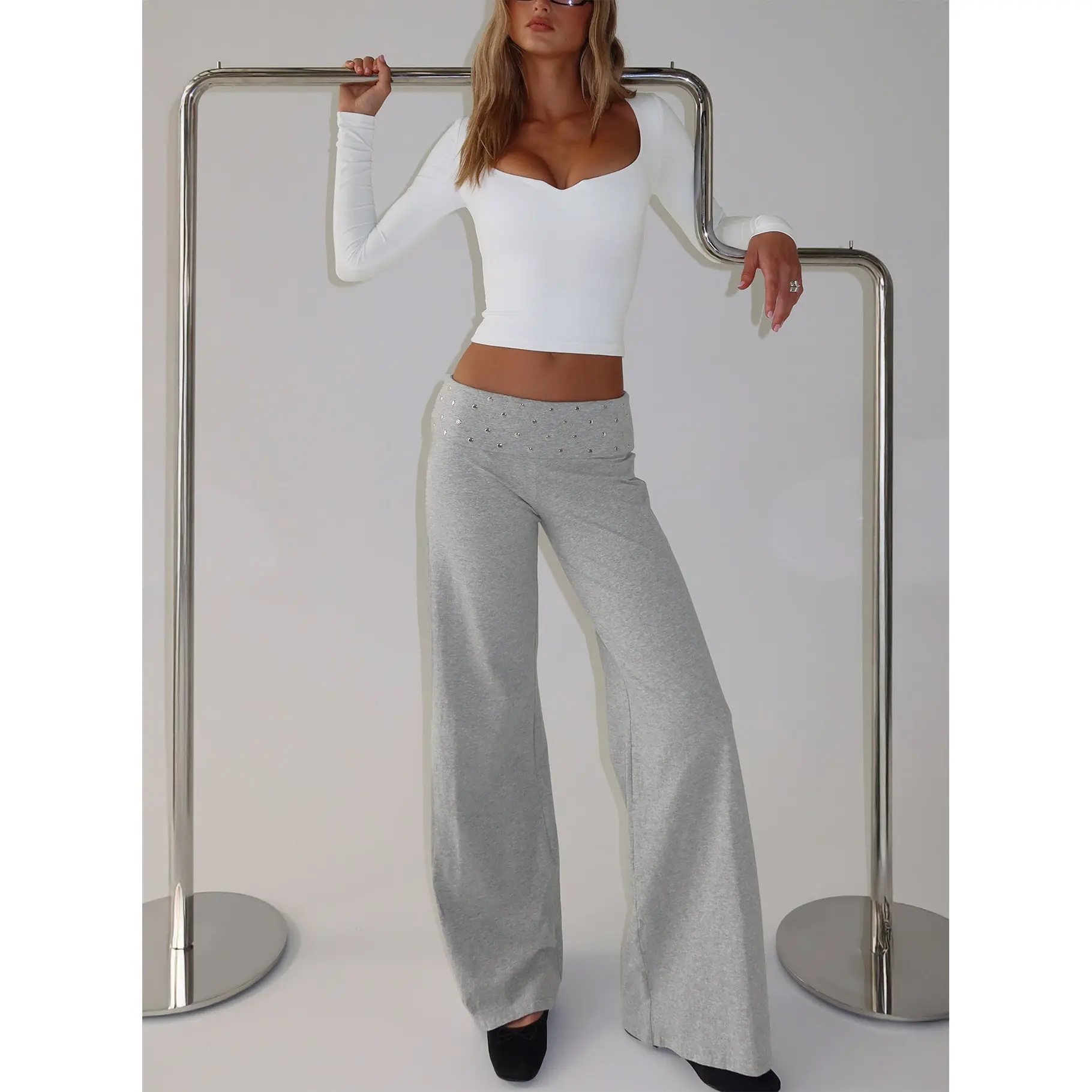 Nevivi Foldover Studded Pants Grey Marle