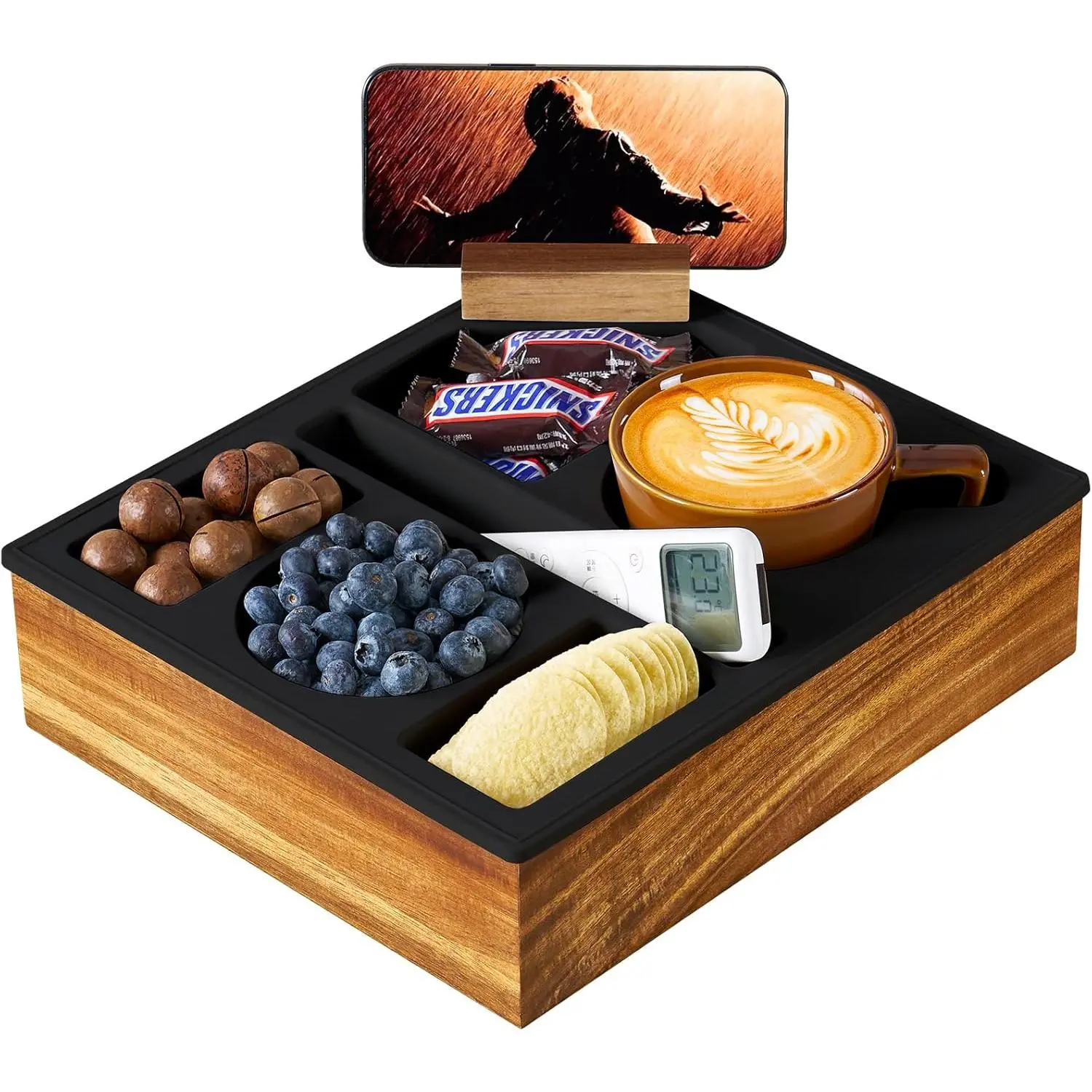 Couch Cup Holder Tray,   Acacia Wooden Couch  with Cup Holder for Bed  Beach, Drink Holder for Couch with Upgrade Removable 360? Rotating Holder Black