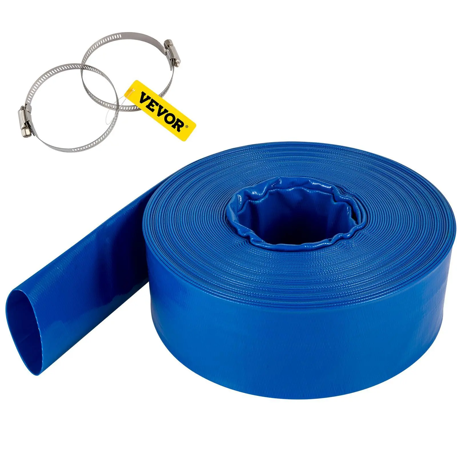 【summerfinds】VEVOR Discharge Hose, 1-1/2" x 105', PVC Fabric Lay Flat Hose, Heavy Duty Backwash Drain Hose with Clamps, Weather-proof & Burst-proof, Ideal for Swimming Pool & Water Transfer, Blue