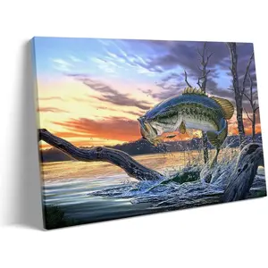 Prixas Print Large Mouth Bass Fish Canvas Wall Decor, Painting for Living Room Bedroom Gallery Wrapped, Blue