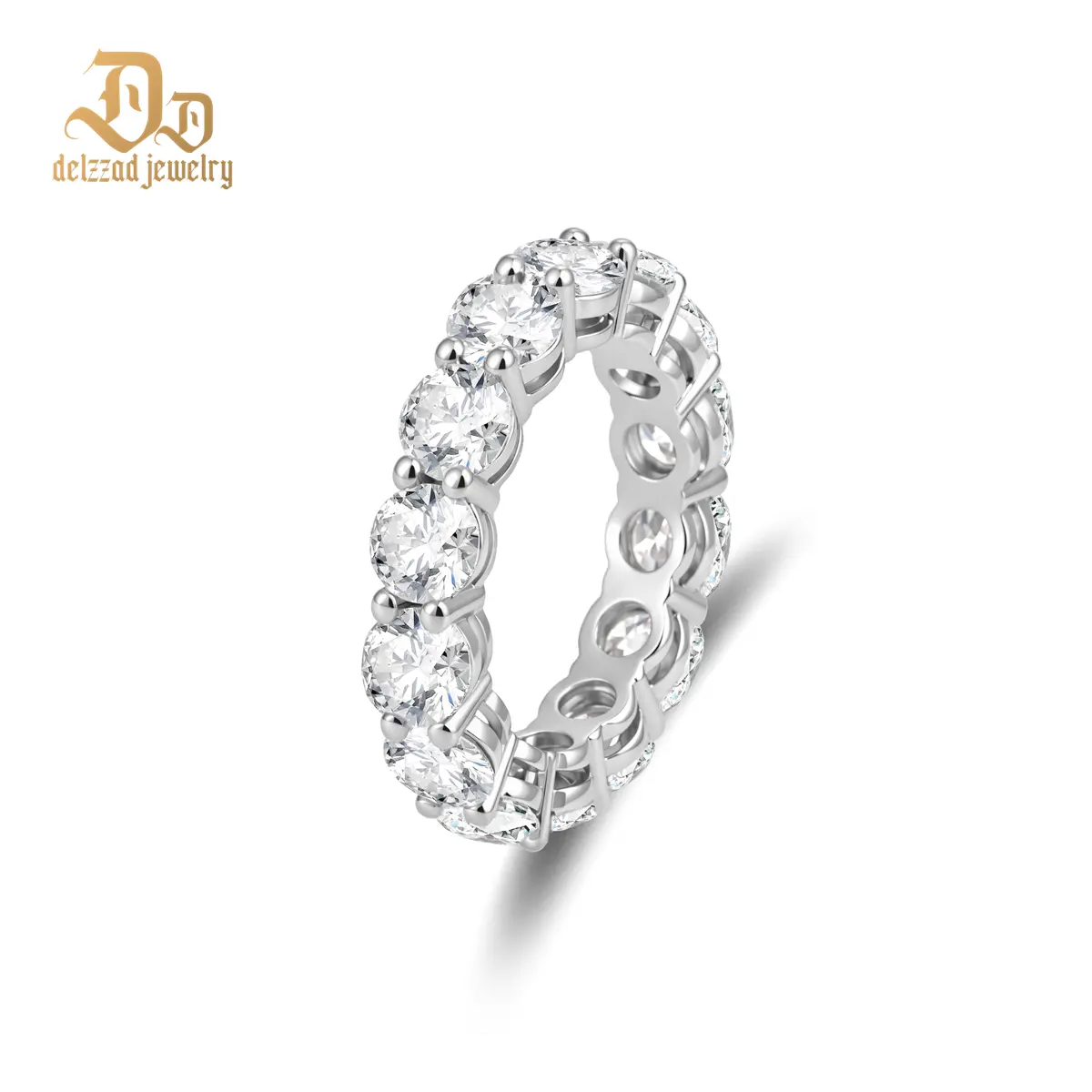 Delzzad Prong Eternity Wedding Ring Band Round VVS Synthetic Moissanite Ring Band S925/Copper Christmas Gift