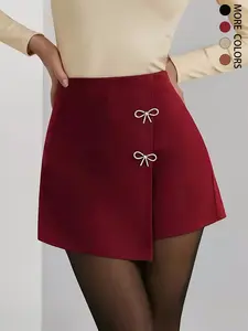 Women's Elegant Chic Bow Detail Side Slit Elastic Fitted Shorts, Comfortable and Versatile Cute Shorts, Casual Fashionable Shorts for Stylish Casual Wear, Suitable for All Seasons