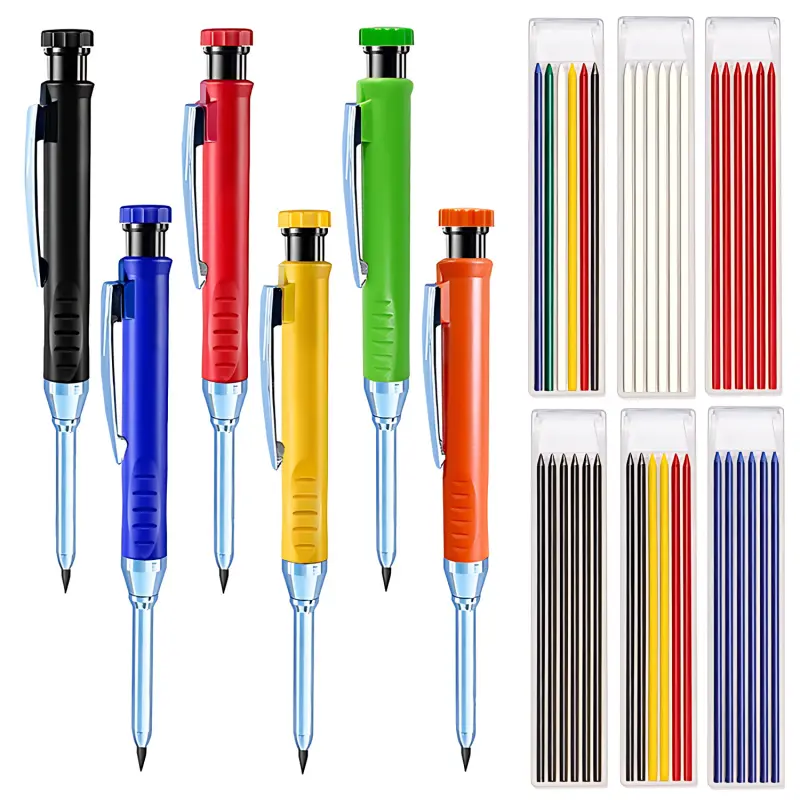 2/6Pcs Solid Carpenter Pencils with 36 Pcs 2.8mm Refills Mechanical Pencil Set Long Nosed Deep Hole Mechanical Pencil Marker Construction with Built in Sharpener for Woodworking Drafting Architect Tool Mechanical Drawing Pencils Stationery Supplies