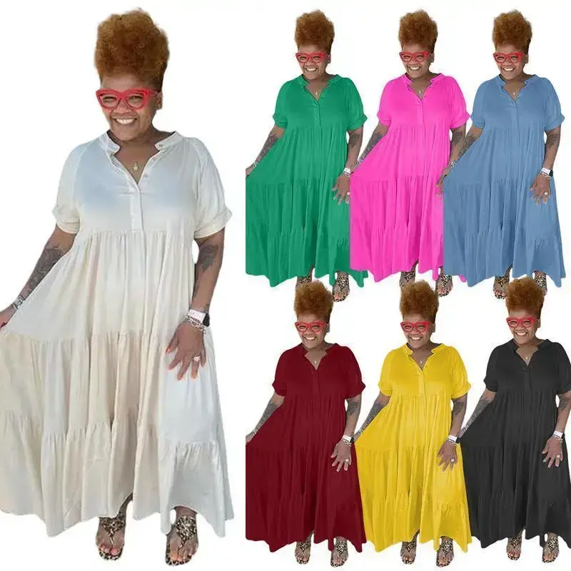 2025 Summer Plus Size Maxi Dress for Women – Fashionable, Perfect for Holidays and the Beach, Casual Lapel Dress with Buttons, Shirt-Style Fit