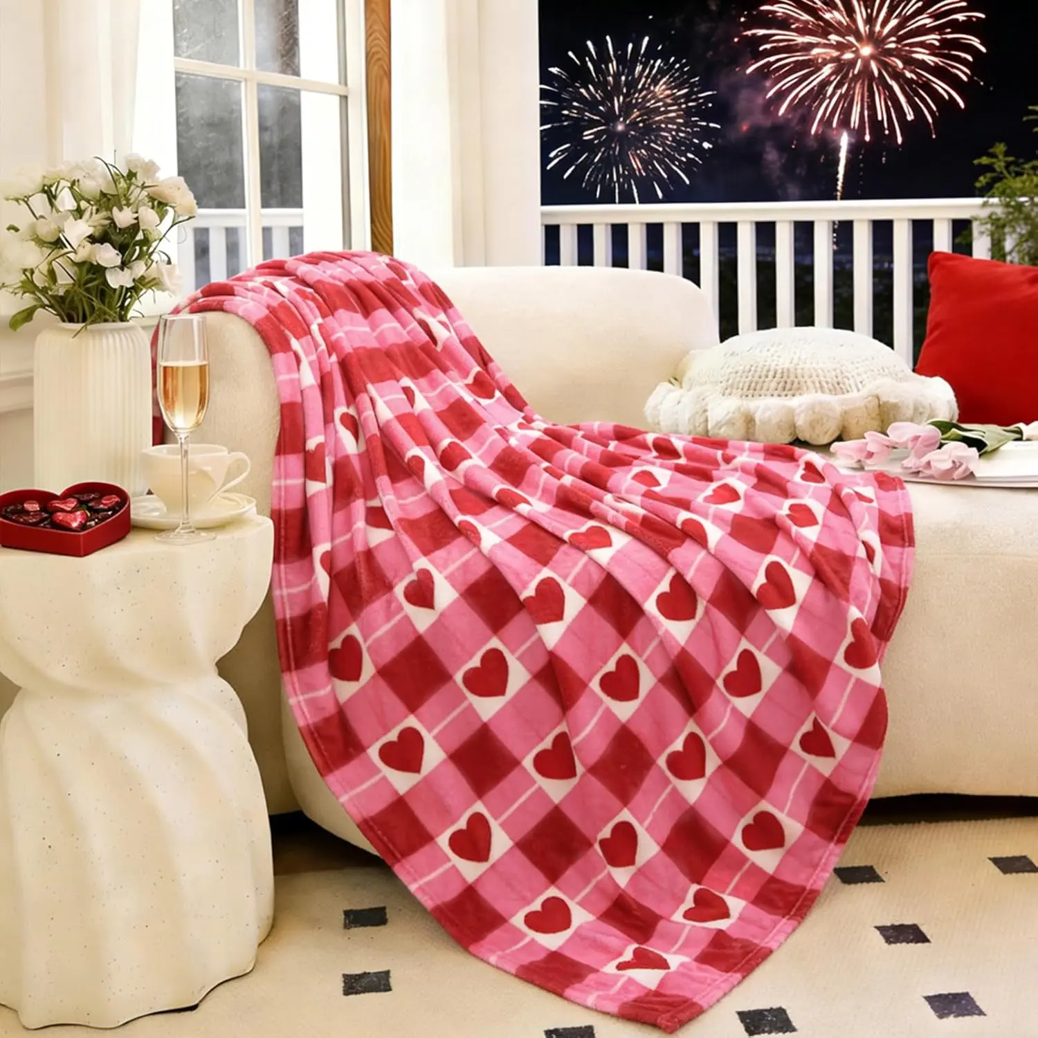 Flannel Craft Romantic Throw Blanket, 100% Polyester Multi-Size (50x60 in Included), Heart-Print Red Pink Plaid, Warm and Cozy Luxury for Mom, Home Couch, Flannel Craft Blanket, Warm And Cozy Blanket