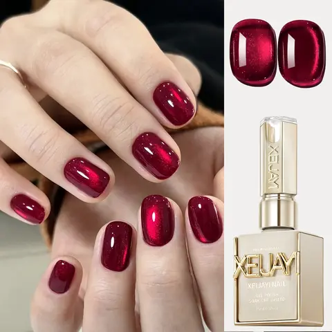 XEIJAYI 15ML TPO-HEMA-Free Black Plum Ruby Magnetic Cosmetic Aesthetic Gel Nail Polish, Soak-Off Patting Glue for Gradient, LED-UV Compatible Manicure Supplies for Gel X At Home Adults' DIY Decorated Artificial Nails with Duochrome Shimmer & Glass Effects