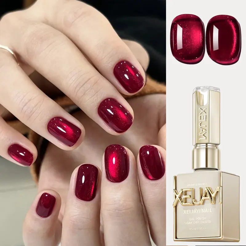 XEIJAYI 15ML TPO-HEMA-Free Black Plum Ruby Magnetic Cosmetic Aesthetic Gel Nail Polish, Soak-Off Patting Glue for Gradient, LED-UV Compatible Manicure Supplies for Gel X At Home Adults' DIY Decorated Artificial Nails with Duochrome Shimmer & Glass Effects