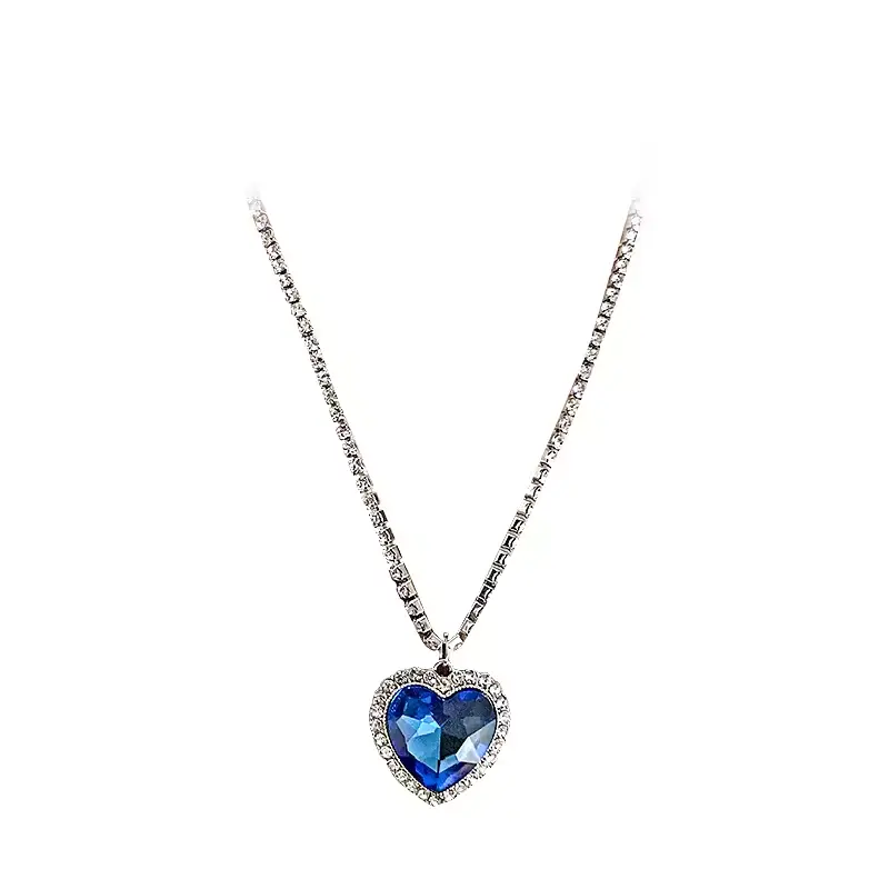 Royal Blue Heart Shaped "Heart of the Ocean" Non-Natural Crystal Pendant Necklace, Adjustable Chain, Rhinestones, Elegant Design, Unisex Gift for Wedding & Anniversary, Special Event Bling Accessory
