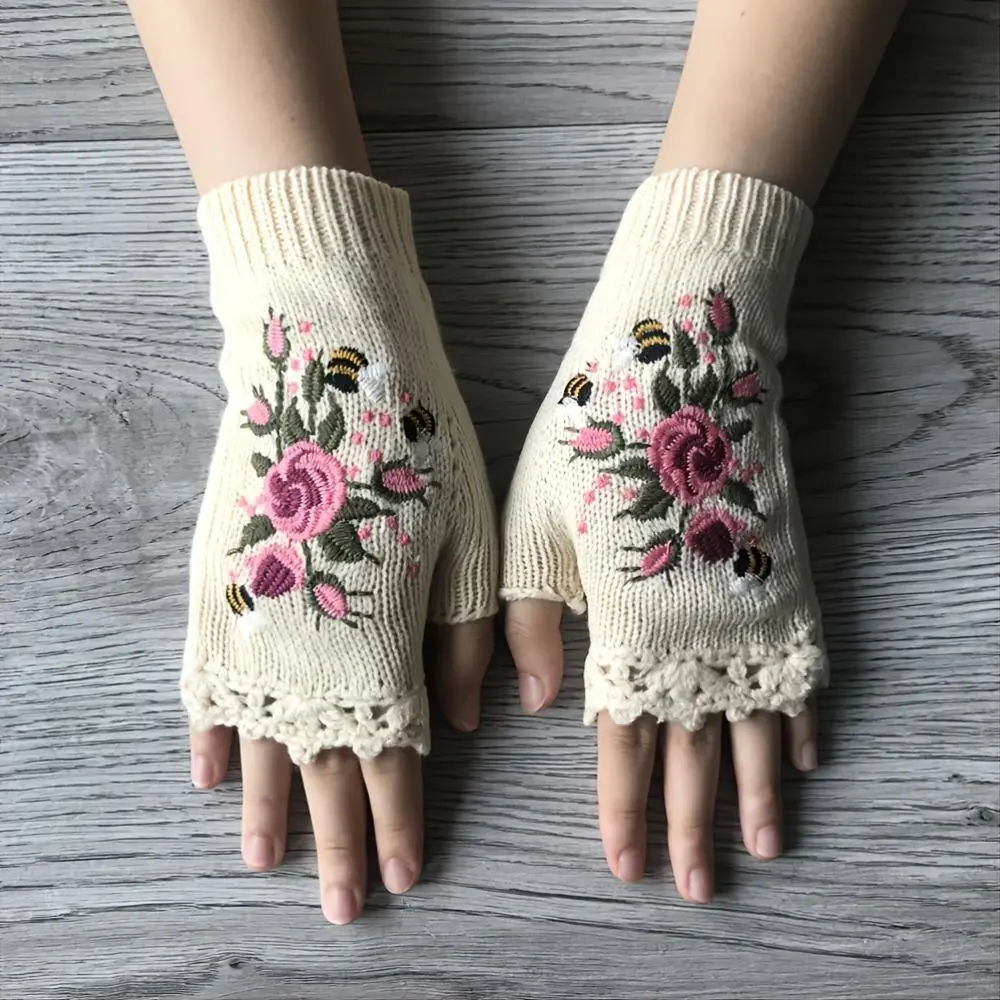 Women's Casual Floral Fingerless Gloves, Handmade Elastic Knit Warm Protective Gear for Female Hiking & Light Outdoor Sports, Sporty Chic, Autumn-Winter Sports & Outdoor