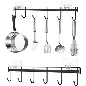 Adhesive Kitchen Hooks Utensil Hanger Holder Hanging Rack 2 Pack, Hanging Rack Wall Mounted Kitchen Rail For Spoons,Pot,Coffee Mug Cups Tags(Black)