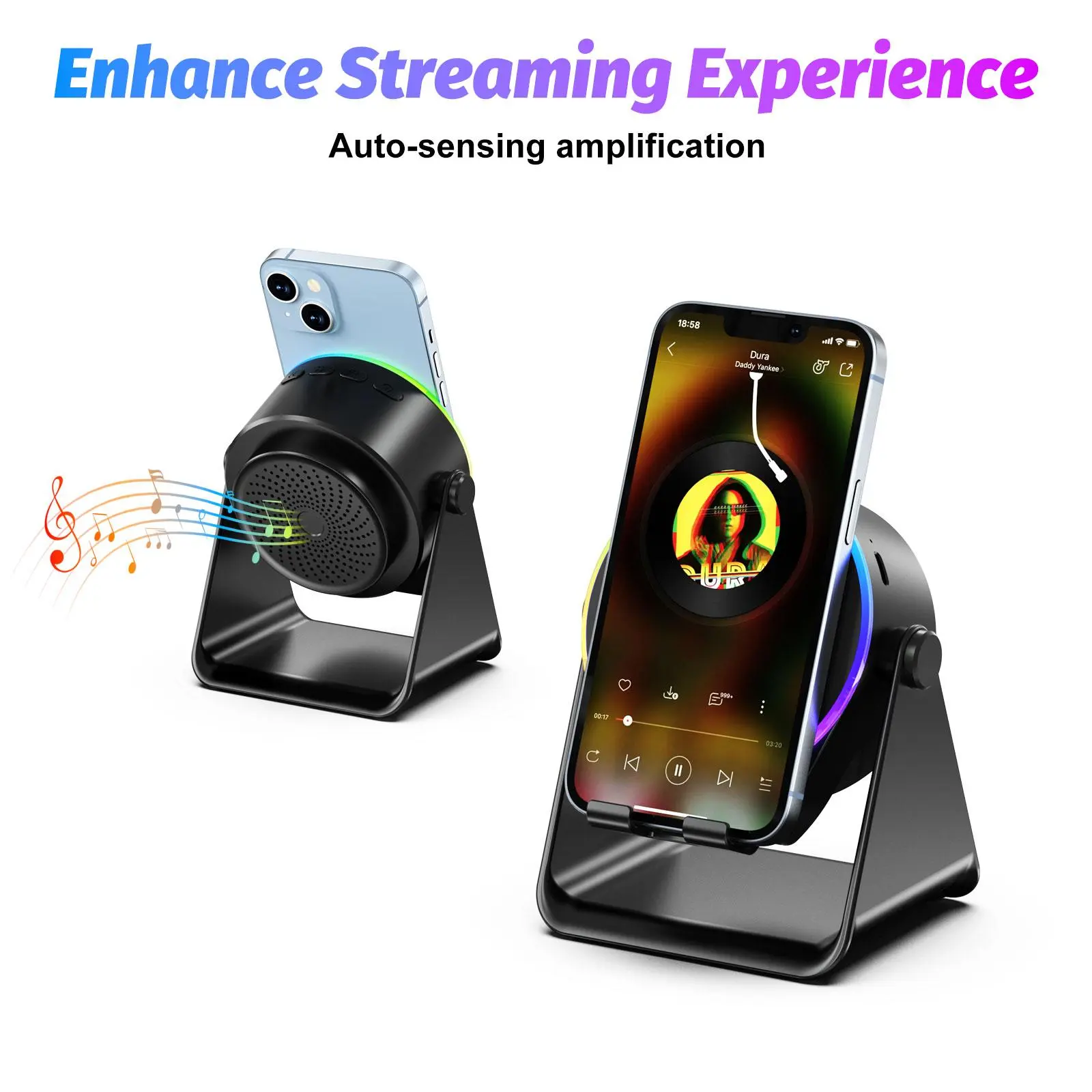Wireless Induction Audio Speaker Stand - 5-in-1 Cellphone & Tablet Holder, 360° Adjustable, with Colorful Ambient Light, Gift for Men Women SummerWins