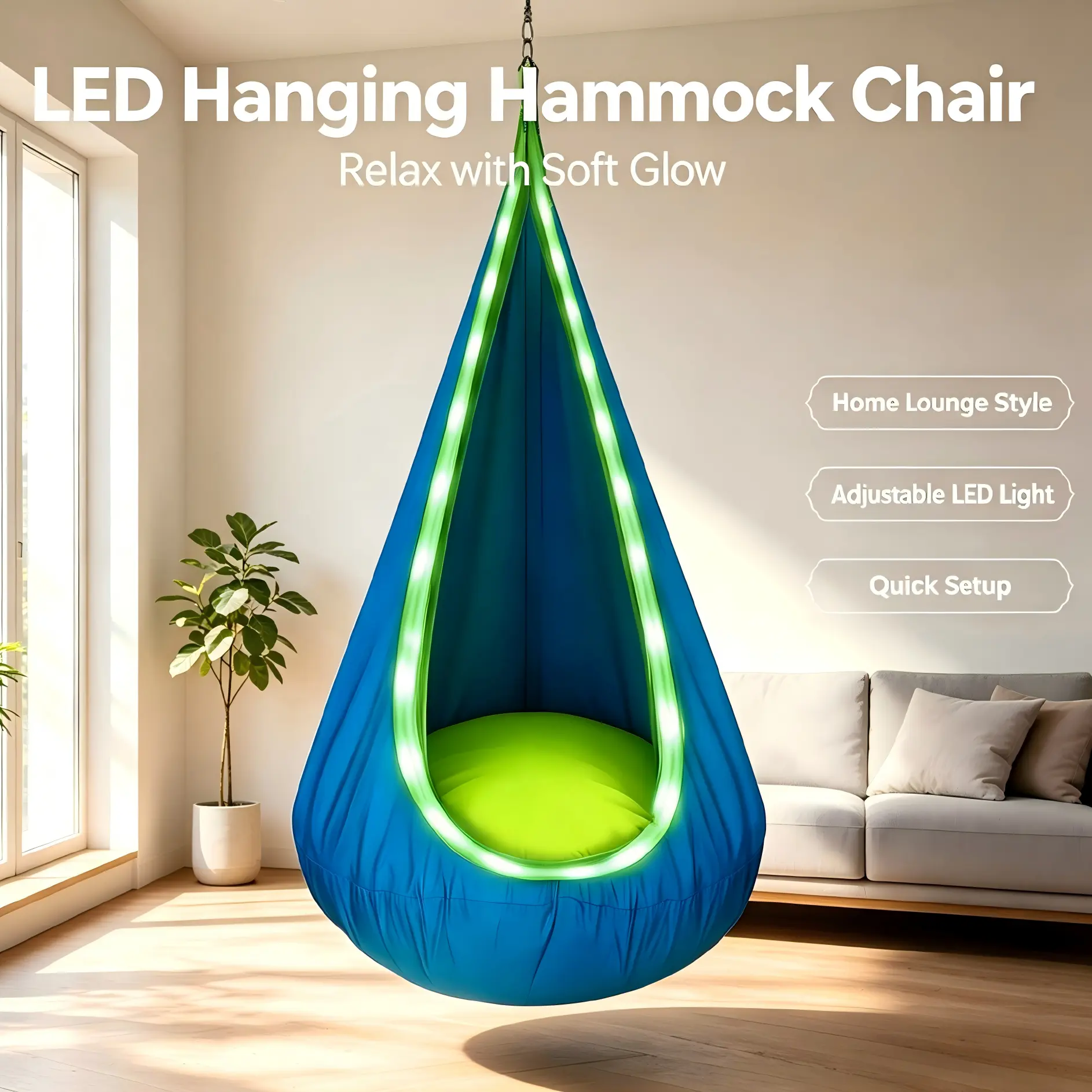 Modern Kids Hanging Pod Hammock Swing with 16-Color LED Lights & Remote, Durable Indoor-Outdoor Furniture for Playrooms and Bedrooms, Hanging Chair, Hammock Chair Swing, Cool Gadgets, Relaxing Gifts, Swinging Chair Outdoor, Sturdy